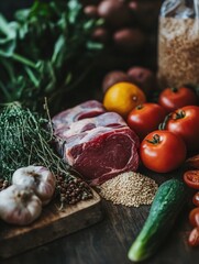 Aufkleber - Fresh vegetables, meat, and grains arranged on a wooden table with ample copy space for writing. Generative AI