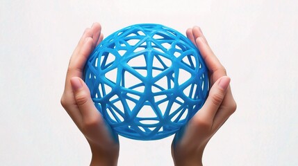 Poster - Hands Holding a Vibrant Blue Sphere Representing Global Connections