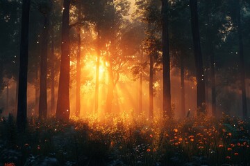 Wall Mural - A serene forest scene illuminated by golden sunlight filtering through trees and flowers.