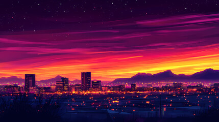 Poster - Stunning el paso skyline at dusk with vibrant sunset colors and city lights illuminating the view. Illumine. Illustration