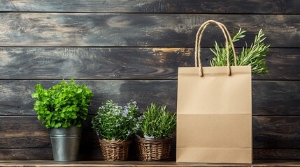Poster - Blank kraft paper bag mockup standing upright on a rustic market table  Clean and simple design template for branding packaging or product presentation
