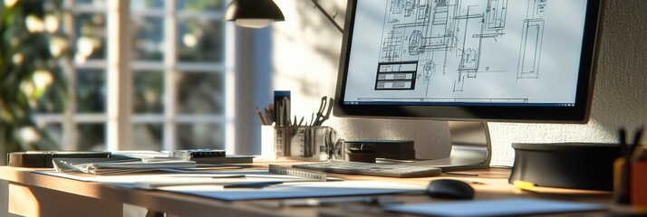Aufkleber - Modern engineering desk with drafting tools and design plans in a bright workspace for productivity and creativity. Generative AI