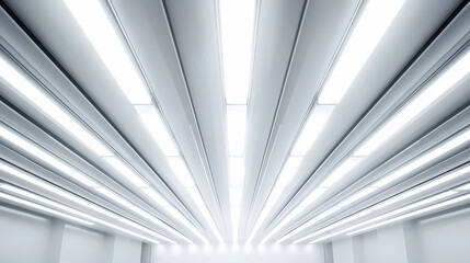 Sticker - Modern sleek white ceiling with rows of bright energy-efficient led light strips illuminating a spacious empty high-tech laboratory interior. Illumine. Illustration