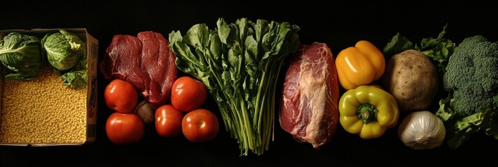 Poster - Fresh vegetables, meat, and grains arranged neatly with ample copy space for culinary inspiration in a dark setting. Generative AI