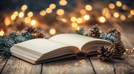 Poster - Minimalist blank photo album mockup lying open on a wooden table with cozy warm lighting perfect for branding corporate and design presentations