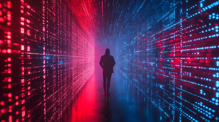 Hooded figure stands in a digital hallway, glowing red and blue binary code illuminating the scene. cybersecurity, hacker, digital world concept. Illumine. Illustration