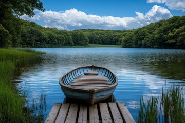 Wall Mural - A serene lake scene featuring a wooden boat docked at a peaceful shoreline.