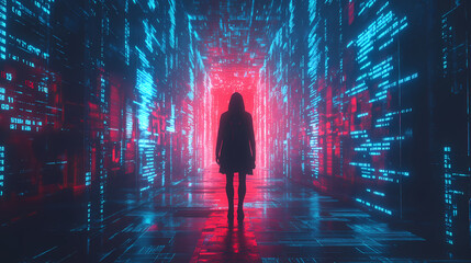 Hooded figure stands in a digital hallway, glowing red and blue binary code illuminating the scene. cybersecurity, hacker, digital world concept. Illumine. Illustration