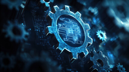 Digital technology background with gears and a blue color, representing the concept of industrial data management in Industry