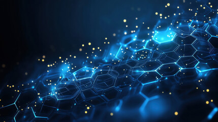 Wall Mural - abstract background with blue hexagons and glowing dots on a dark backdrop, a technology concept