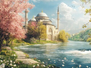 Poster - A serene riverside scene featuring a grand mosque surrounded by blooming trees and mountains.