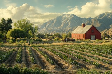 Wall Mural - A serene rural landscape featuring a red barn, mountains, and cultivated fields.