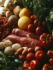Aufkleber - Vibrant assortment of fresh vegetables, meats, and grains arranged beautifully for a healthy meal preparation. Generative AI