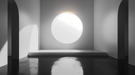 a modern minimalist stage with clean white walls, polished black floors, and a bright white spotligh