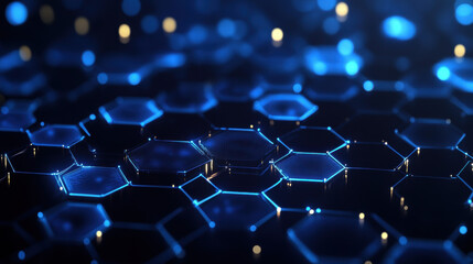 Wall Mural - abstract background with blue hexagons and glowing dots on a dark backdrop, a technology concept