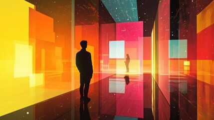 Aufkleber - Visitors navigate a digital gallery featuring colorful virtual artworks and interactive avatars during an immersive experience. Generative AI