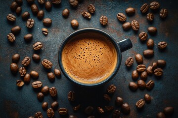 Poster - Close up view of a coffee cup surrounded by coffee beans on a rustic surface. Generative AI