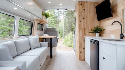 Canvas Print - Cozy camper van interior with sofa, kitchenette, and forest view.