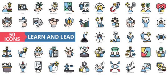 Poster - Learn and lead icon collection set. Containing knowledge, study, grow, development, exploration, training, adaptation icon. Simple flat outline color illustration.