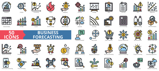 Poster - Business forecasting icon collection set. Containing prediction, analyze, data, trend, budgeting, accuracy, strategy icon. Simple flat outline color illustration.
