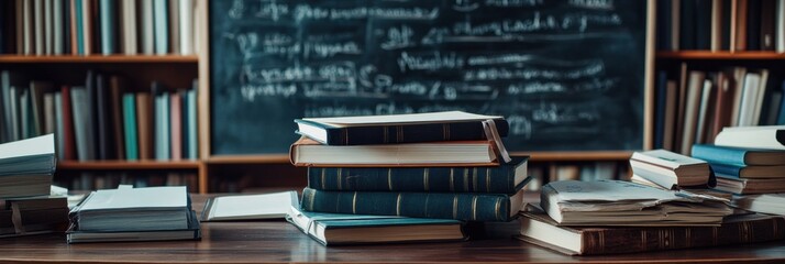 Leinwandbilder - Stationery and books neatly arranged on a desk with blackboard in background suitable for study or classroom activities. Generative AI