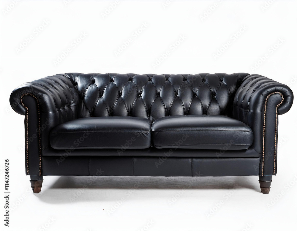 A classic black leather Chesterfield sofa with tufted buttons and ...