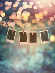 Leinwandbilder - Polaroid pictures hanging on a string with clothespins against a blurred background of lights. Generative AI