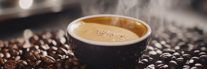 Leinwandbilder - Close up of steaming cup of coffee surrounded by roasted coffee beans on a wooden table in a warm cafe atmosphere. Generative AI