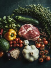 Poster - Fresh vegetables and meat arranged on a dark surface showcasing natural colors and textures in a culinary display. Generative AI