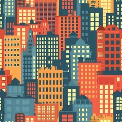 Aufkleber - Urban skyline illustration showcasing a vibrant city with diverse architecture in warm and cool colors. Generative AI