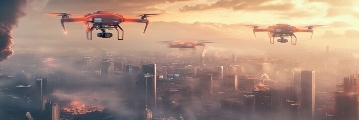Fototapete - AI controlled drones delivering goods and monitoring tasks over a city at sunset. Generative AI