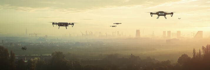 Fototapete - AI controlled drones monitoring a city and delivering goods at sunset. Generative AI
