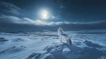 Wall Mural - arctic wolf howling at a full moon in a snowy landscape.