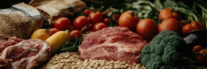 Poster - Fresh vegetables, meat, and grains spread on a wooden table with ample copy space for text. Generative AI