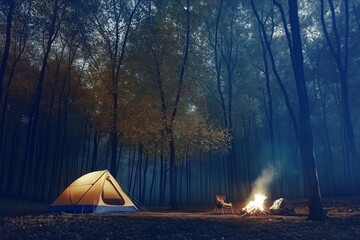 Sticker - Serene Forest Camping by the Firelight with Generative Ai