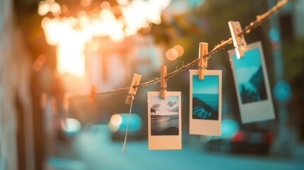 Poster - Polaroid photos displayed on a string at sunset, perfect for capturing memories and creativity. Generative AI
