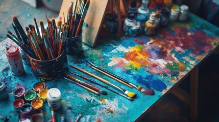 Poster - Creative workspace filled with artist brushes colorful paints and canvases ready for artistic expression. Generative AI