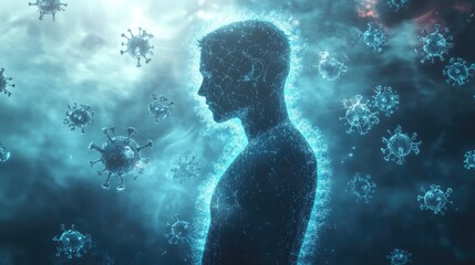 Poster - A 3D human silhouette surrounded by glowing antibodies and protective shields, symbolizing immunity against diseases and threats