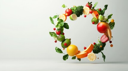 Poster - A 3D stylized circle of fresh fruits and vegetables, arranged to symbolize detox and wellness, set against a simple white background for clarity and impact