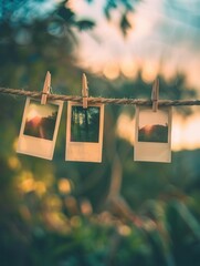 Poster - Polaroid pictures displayed on string with clothespins in a vibrant outdoor setting during sunset. Generative AI