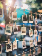 Poster - Polaroid photos displayed on string with clothespins in outdoor setting for creative memories. Generative AI