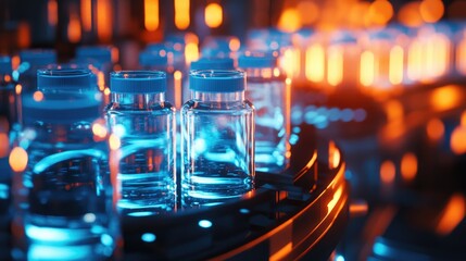Poster - A close-up of water bottles with blue caps moving through an automated production line, glowing softly under ambient lighting, showcasing modern manufacturing processes