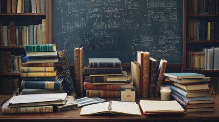 Aufkleber - Organized desk filled with books, notebooks, and stationery against a chalkboard backdrop in a study or office setting. Generative AI