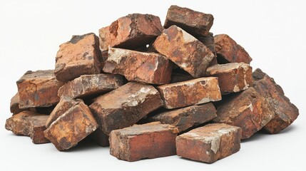 Poster - A close-up view of a rugged, weathered pile of bricks, with uneven surfaces, cracks, and dirt, isolated on a white background for a minimalist industrial look