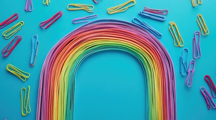 Poster - A creative arrangement of vibrant paper clips forming a rainbow across a turquoise backdrop, creating a playful and organized scene filled with color