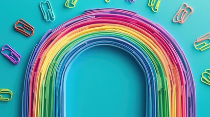 Poster - A creative arrangement of vibrant paper clips forming a rainbow across a turquoise backdrop, creating a playful and organized scene filled with color