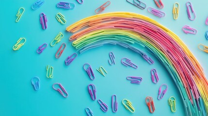 Poster - A creative arrangement of vibrant paper clips forming a rainbow across a turquoise backdrop, creating a playful and organized scene filled with color