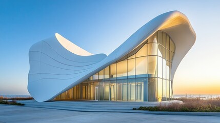 Aufkleber - A curving, gleaming white architectural facade under bright sunlight, reflecting a seamless modern aesthetic with smooth, clean lines and innovative design