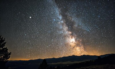 Wall Mural - A stunning night sky filled with stars and meteors over a mountain landscape.