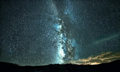 Wall Mural - A stunning night sky with the Milky Way and meteor showers illuminating the landscape.